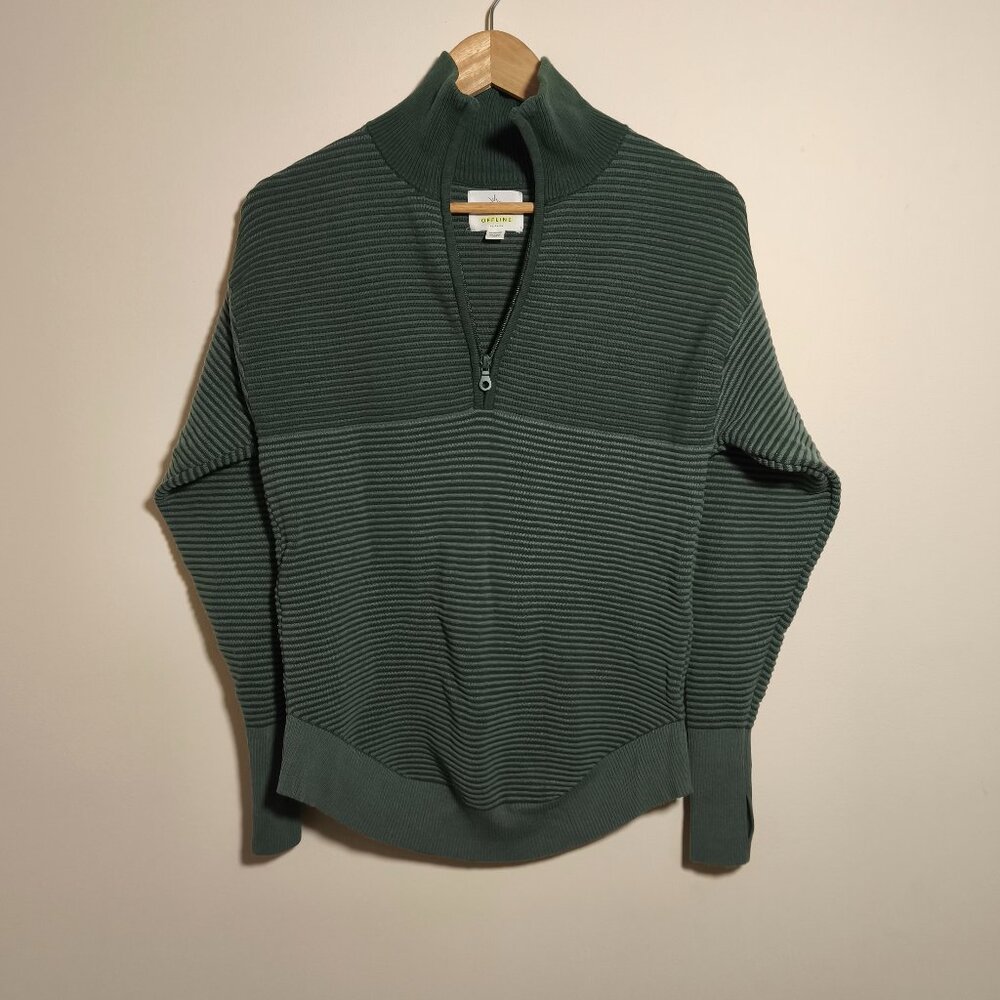 Aerie Offline Cotton Half Zip Ribbed Pullover Sweater sz XXS/XS Green Lounge